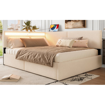 Twin Size Boucle Bed Frame, Upholstered Cloud Bed Frame with Headboard, with 2 Storage Drawers, LED light and USB Charging Design, Solid Wood Legs and Slats, No Box Spring Needed, Beige
