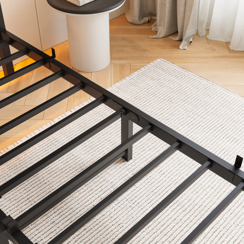 Full Size  Metal Bed Frame with Wooden Headboard, RGB Lights,  Charger, Storage Shelf, Noise-Free, No Box Spring Needed,Rustic Brown
