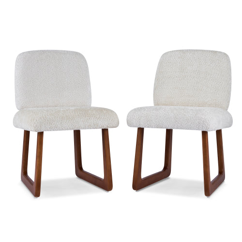 Set of 2 Beige Boucle Fabric Dining Chairs, Curved Wood Leg Multi-Material Frame 300lbs Capacity