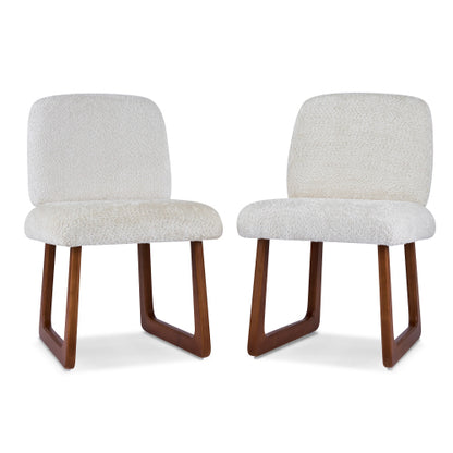 Set of 2 Beige Boucle Fabric Dining Chairs, Curved Wood Leg Multi-Material Frame 300lbs Capacity