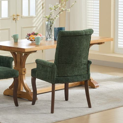 Single Olive Green Chenille Tufted Arm Dining Chair, Curved Hand Sanded Solid Wood Legs 300lbs Capacity