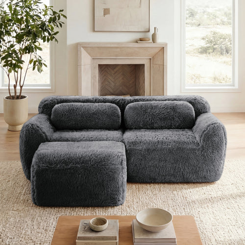 Dark-Grey L-Shaped Boneless Plush-Fabric Modular Sofa with Chaise & Throw Pillows No-Assembly
