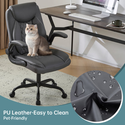 Leather Office Ergonomic Home Office Desk Chair, Back Support Swivel Executive Office Chair with Wheels and Flip-Up Armrests, Small Gaming Chair with Adjustable Rocking Function
