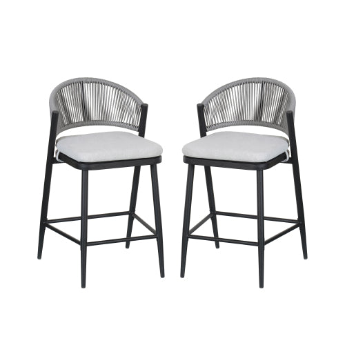 Outdoor 26" Seat Height Metal Frame Counter Stools with PE Rattan Scallop-shaped Backrest, Set of 2, Matte Black