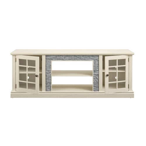 70 Inch White Faux Stone 2-Door TV Stand 4 Adjustable Shelves 6 Cable Holes Media Cabinet for 75 Inch TV