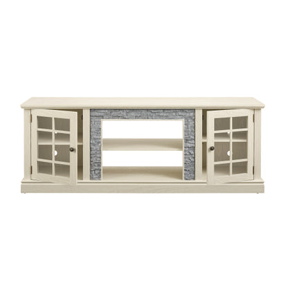 70 Inch White Faux Stone 2-Door TV Stand 4 Adjustable Shelves 6 Cable Holes Media Cabinet for 75 Inch TV