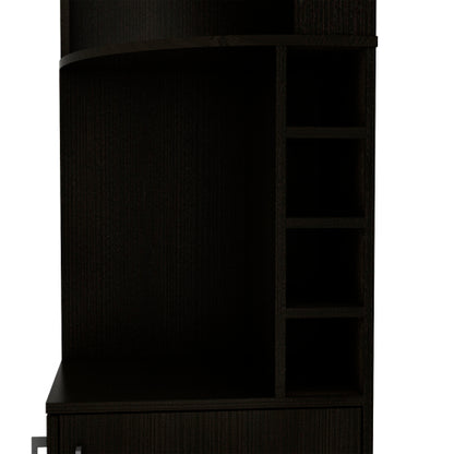 Corner bar cabinet 71 inch H, with two shelves at the top, 1 glass holder, 8 exterior bottle racks, 1 central shelf and a lower drawer with 2 side doors, black