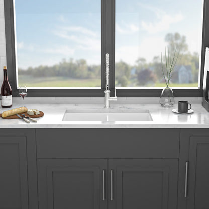 32"x19"x10" Undermount Double Bowl Fireclay Kitchen Sink - Dual Mount White Porcelain Fireclay Rectangular Deep Double Bowl Sink Basin