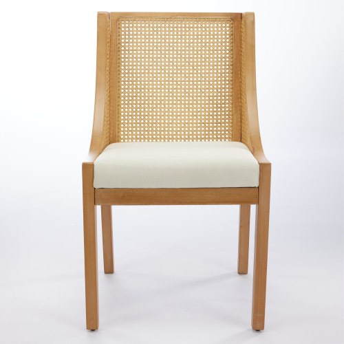 Single Beige Rattan Dining Chair, Solid Wood Frame with Decorative Armrest, Linen Upholstered Seat, Rustic Side Chair for Kitchen & Living Room