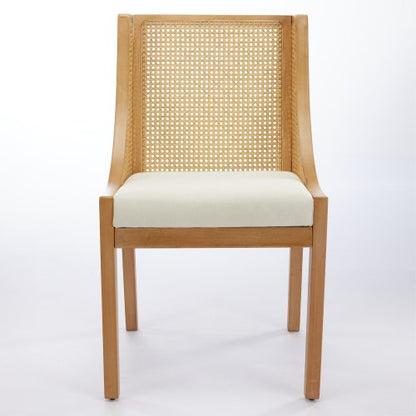 Single Beige Rattan Dining Chair, Solid Wood Frame with Decorative Armrest, Linen Upholstered Seat, Rustic Side Chair for Kitchen & Living Room