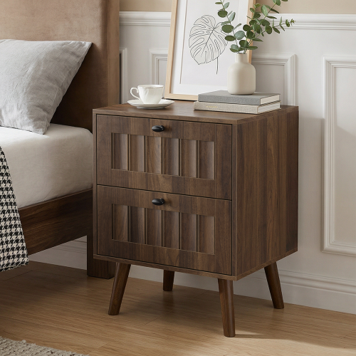 2-Pack Walnut Medieval Retro Nightstand, 2 Drawers with Solid Wood Legs & Silent Slides