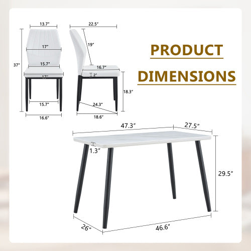 5-Piece White Tempered Glass Dining Set, Marble Texture Table with 4 PU Shell Pattern Dining Chairs