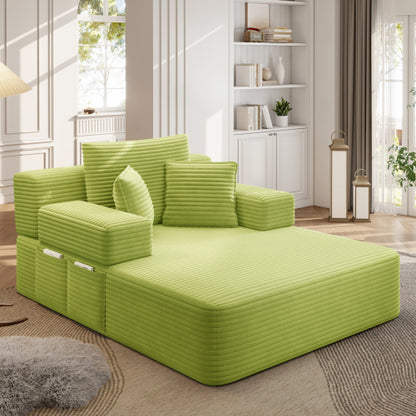 Green Oversized Plush Corduroy Chaise Lounge Convertible Sleeper Sofa-Bed w/Storage Pockets & 3 Pillows