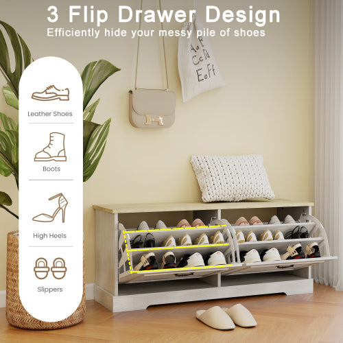 Shoe Storage Bench with 2 Flip Drawers and Adjustable Shelf for Entryway, Hallway, Bedroom-Antique White