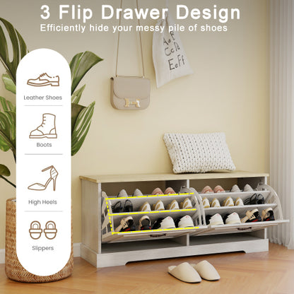 Shoe Storage Bench with 2 Flip Drawers and Adjustable Shelf for Entryway, Hallway, Bedroom-Antique White
