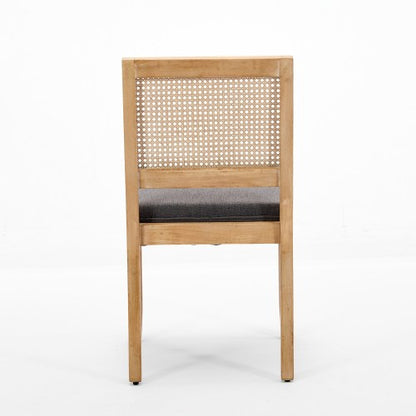 Set of 2 Gray Farmhouse Cane Rattan Dining Chairs, Solid Hardwood Frame Linen Upholstered Side Chairs 300 LBS Capacity