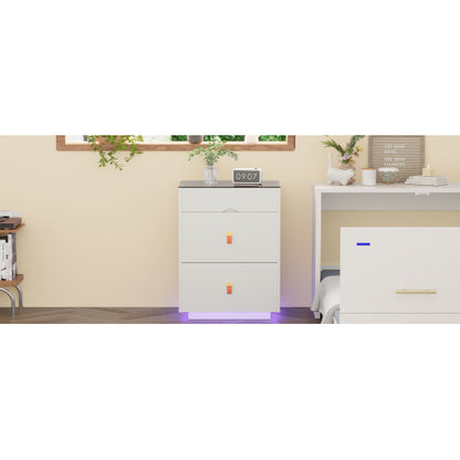 3-Drawer 30'' Nightstand with  LED Light, Modern Nightstand with 3 Storage Drawers, Bedside Table with Glass Top Jewelry Storage and Faux Leather Handles for Bedroom, Livingroom, Cloakroom, White