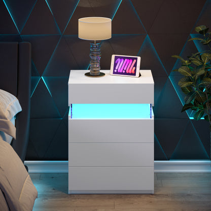 Nightstand with LED Lights, 4 Drawer Bedside Table, Modern Storage Cabinet, White Side Table for Bedroom Living Room