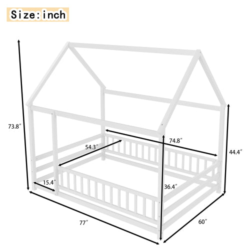 Full Size Floor Wooden Bed with House Roof Frame, Fence Guardrails,White