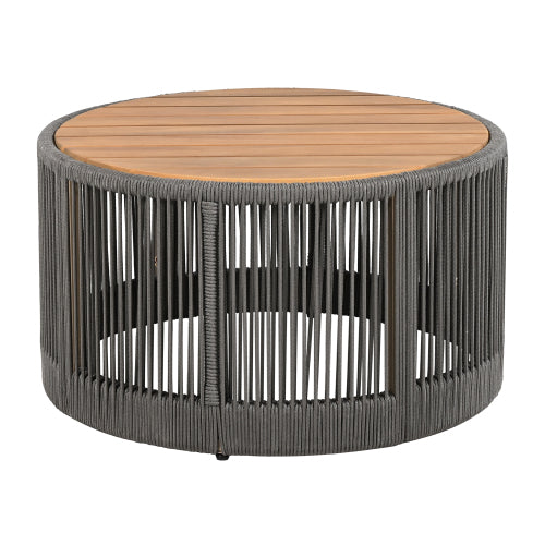 Outdoor Rattan rope & Acacia Wood Coffee Table - Patio Balcony Furniture for Garden, Yard, Balcony - Weather Resistant (Rope Grey, Natural Iron)