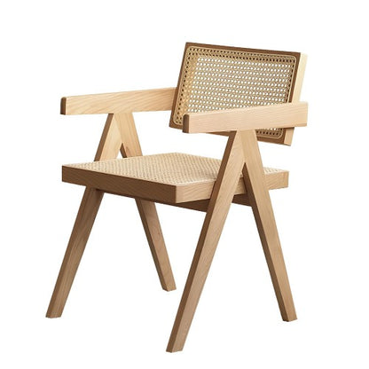 Modern Mid Century Rattan Accent Dining Chair with Armrests, Wood Finish for Living Room & Dining Room