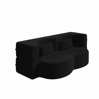 Black Convertible Sherpa-Fleece Full-Size Floor Sofa-Bed 15 inch  Height with 2 Pillows No-Assembly