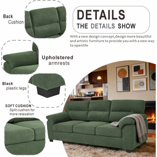 Green Modern 3-Seater Upholstered Sofa,Textured Fabric,Solid Wood Frame