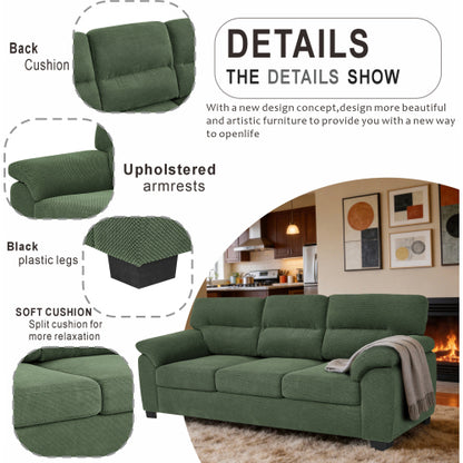 Green Modern 3-Seater Upholstered Sofa,Textured Fabric,Solid Wood Frame