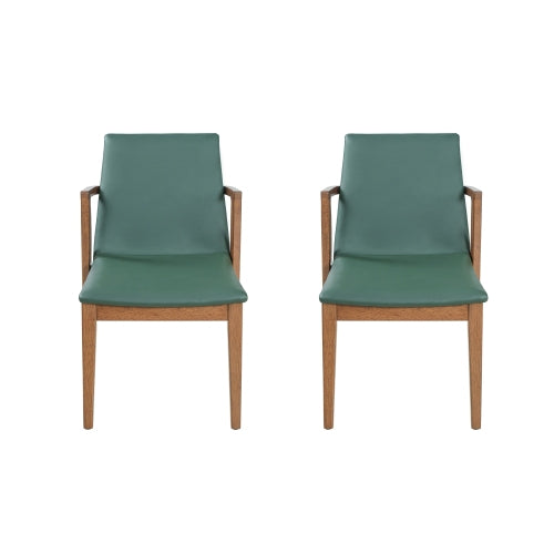 Set of 2 Mid-Century Green PU Arm Dining Chairs, Walnut Rubber Wood Frame 250lbs Capacity