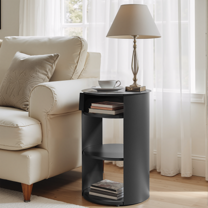 3-Tier Metal Round Side Table with Cabinet, Matte Black