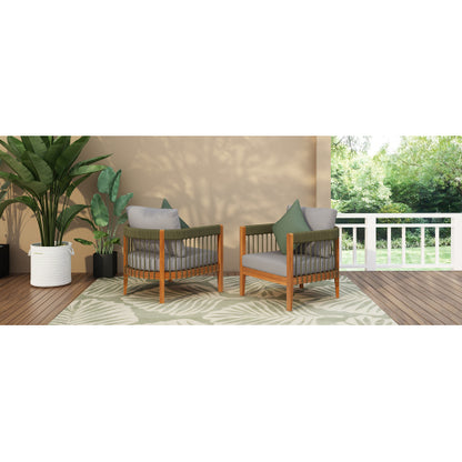 [Set of 2] Acacia Wood Outdoor Club Chair with Handwoven Rope Accents & Curved Backrest - Water-Resistant Boho Patio Lounge Chair with Removable Cushions for Porch, Garden
