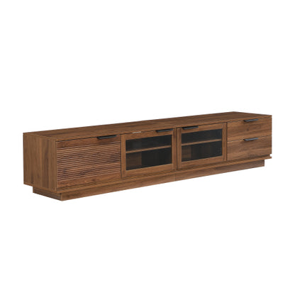 78.74 inch Walnut Fluted Glass Door Legless TV Stand 2 Drawer Media Console Supports Up To 85 inch TV