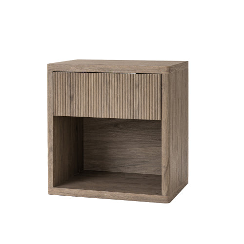 Grey Alder Fluted Nightstand, EPA Certified Engineered Wood Mid-Century Side Table with Drawer & Open Compartment