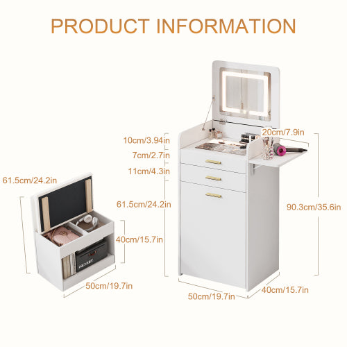 Flip-top Vanity Table,Compact/Mini Vanity,Mirror-integrated Dressing Table,All-in-one Storage Cabinet,Makeup Vanity Set with Stool