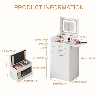 Flip-top Vanity Table,Compact/Mini Vanity,Mirror-integrated Dressing Table,All-in-one Storage Cabinet,Makeup Vanity Set with Stool