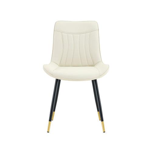 Set of 2 White Leathaire Tech Fabric Dining Chairs, Black Semi-Gloss Metal Leg Gold Trim Adjustable Non-Slip Feet Vertical Stitch High Back