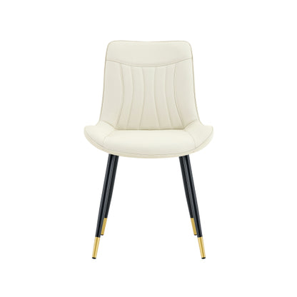 Set of 2 White Leathaire Tech Fabric Dining Chairs, Black Semi-Gloss Metal Leg Gold Trim Adjustable Non-Slip Feet Vertical Stitch High Back