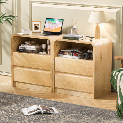 Natural Smooth 2-Drawer Nightstand with Charging Station, Mid-Century USB Side Table