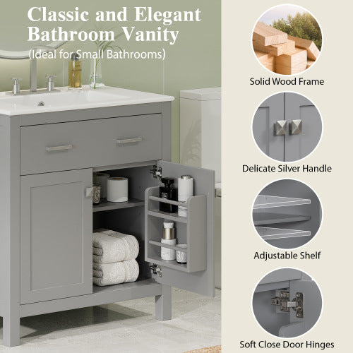 30" Bathroom Vanity with Ceramic Sink, Modern Gray Single Bathroom Cabinet with 2 Doors and a Shelf, Soft Close Doors