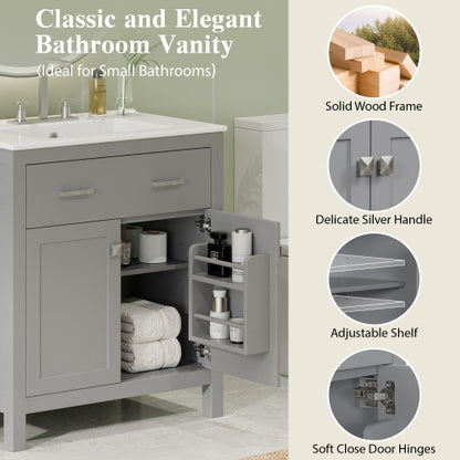 30" Bathroom Vanity with Ceramic Sink, Modern Gray Single Bathroom Cabinet with 2 Doors and a Shelf, Soft Close Doors