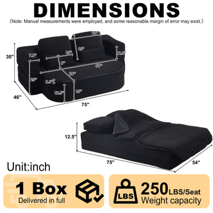 75 inch  Corduroy Convertible Floor Sofa Bed with Built-in Blanket & 4 Pillows