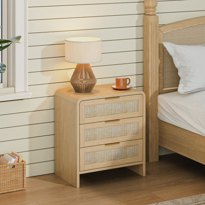 Rattan Nightstand 3 Drawers, 22.8inch  Wide Curved Wooden Bedside Table, Modern Storage for Bedroom, Natural Oak.