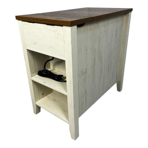Brown White Farmhouse Nightstand with Charging Station