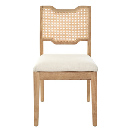 Set of 2 Natural Rubber Wood Farmhouse Rattan Back Counter Bar Stools, Beige Fabric Upholstered 19.2inch  Seat Height Chairs