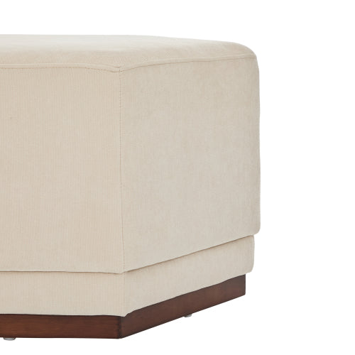 Modern Hexagon Chenille Ottoman, Beige Upholstered Footrest with Solid Wood Base, Fully Assembled Accent Stool
