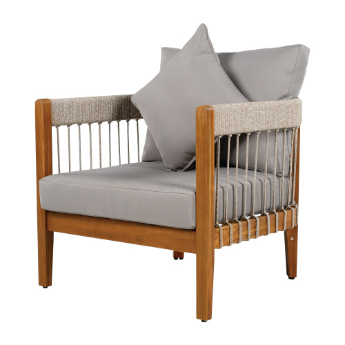 Acacia Wood Outdoor Club Chair with Handwoven Rope Accents & Curved Backrest - Water-Resistant Boho Patio Lounge Chair with Removable Cushions for Porch, Garden