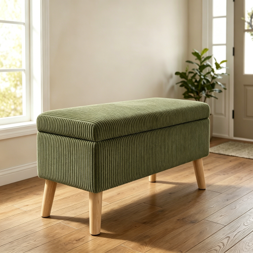 32 inch Olive Green Corduroy Flip-Top Storage Ottoman Bench, Wooden Leg Upholstered End of Bed & Entryway Stool