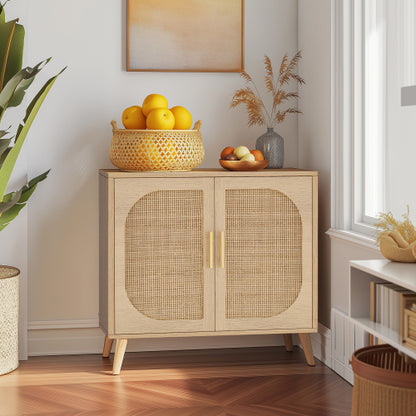 Farmhouse Buffet Cabinet with Rattan Doors Solid Wood Feet 4 Compartment Storage Cabinet