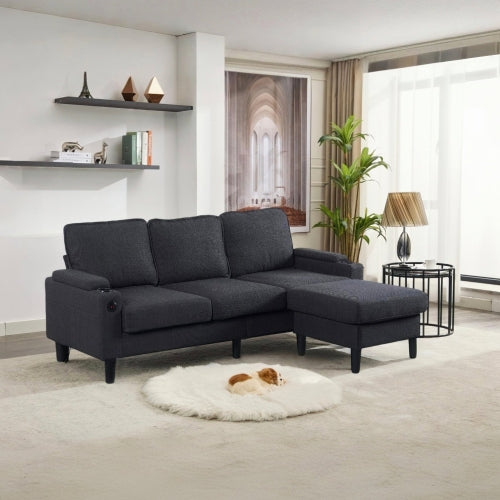 Dark-Grey L-Shaped Sectional 3-Seat Combo Sofa with Storage Ottoman USB Ports Cup-Holders for Living Room Apartment