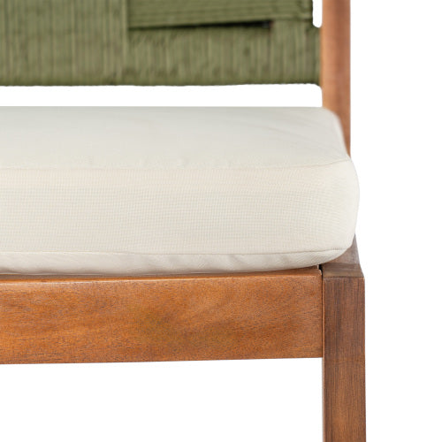 Outdoor Acacia Wood Bar Stools (Set of 2), Teak Finish Bar Height Chairs with Cream Cushion & Green Wicker Back, Counter Height Stools for Patio, Poolside, Kitchen Island